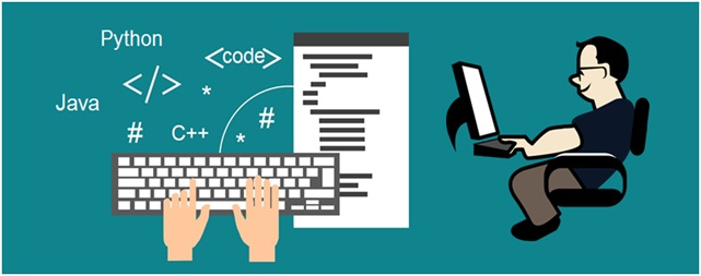 Uma ilustração mostrando um teclado e diversas linguagens de programação